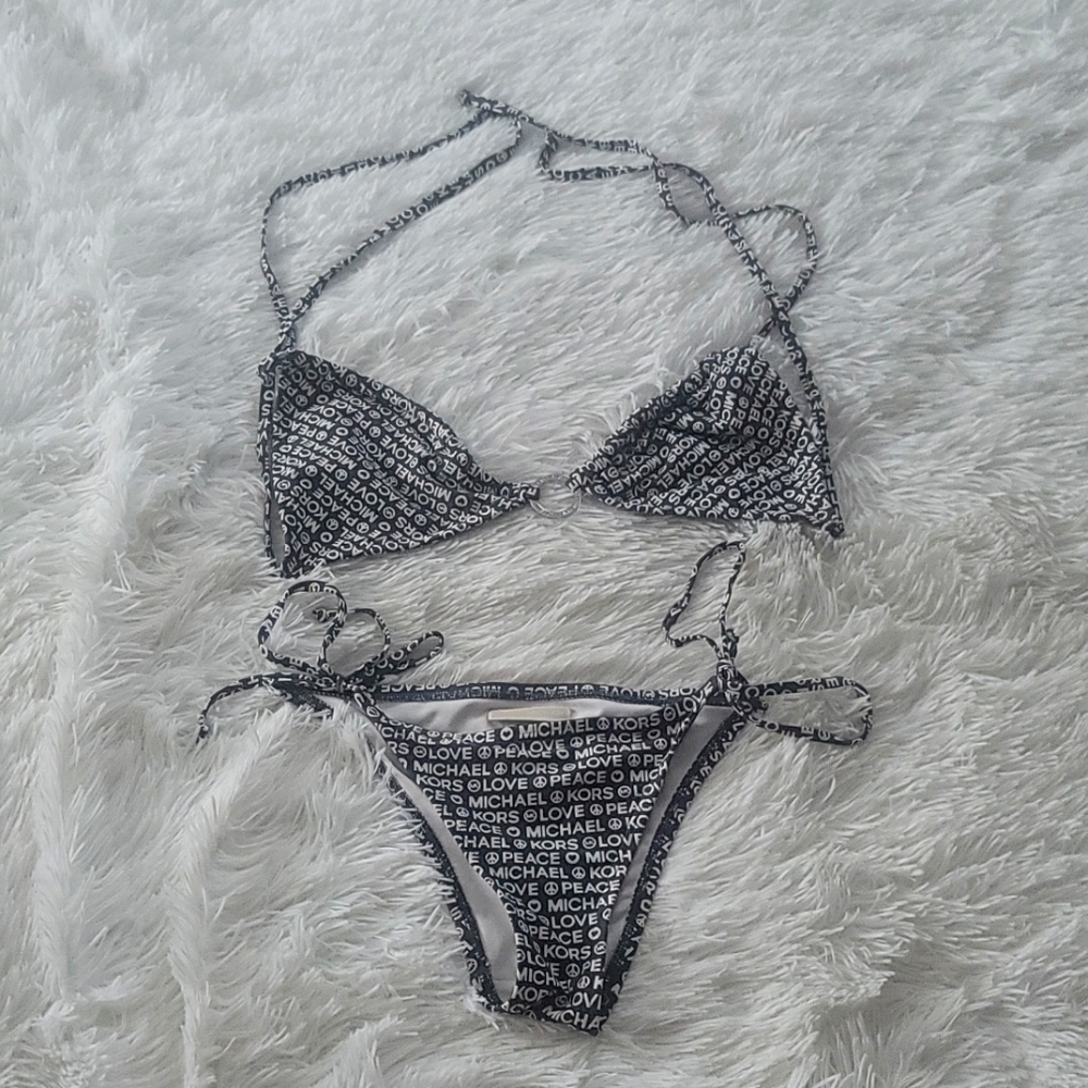 NWOT Michael Kors 2 Piece All Over Print Logo Bikini. Midnight Blue. Small. Nice